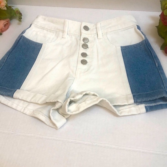 PacSun Women’s Color block High Waist 5 Button Fly Denim Jean Mom Shorts Sz 24 - Picture 3 of 13